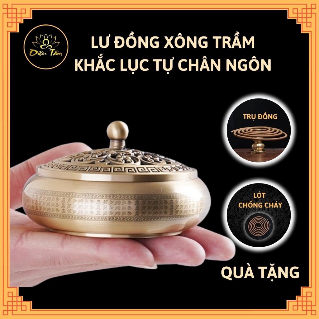 Lư đồng xông trầm đốt trầm khắc lục tự chân ngôn thay cho lư điện -  tặng hồ lô đồng và lót chống cháy