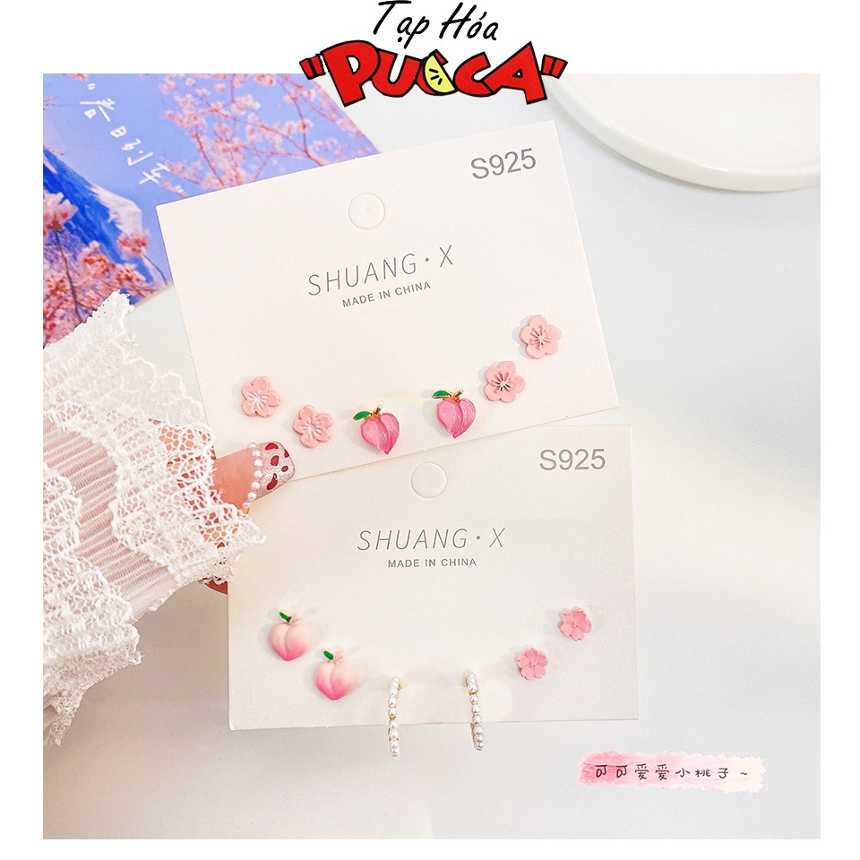 Set Bông tai,hoa tai, khuyên tai hình đào và hoa dễ thương phong cách Hàn Quốc