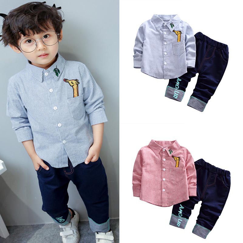 Set áo sơ mi dài tay + quần dài jeans lưng thun thời trang cho bé