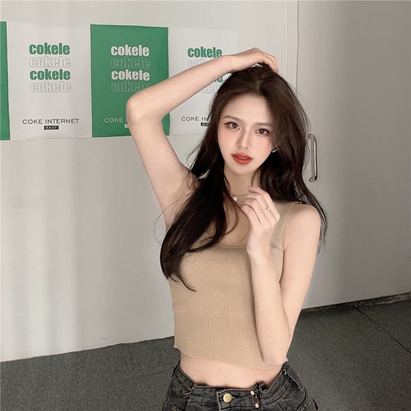 Porozi  Áo croptop  dệt kim không tay dáng ôm phong cách Hàn Quốc