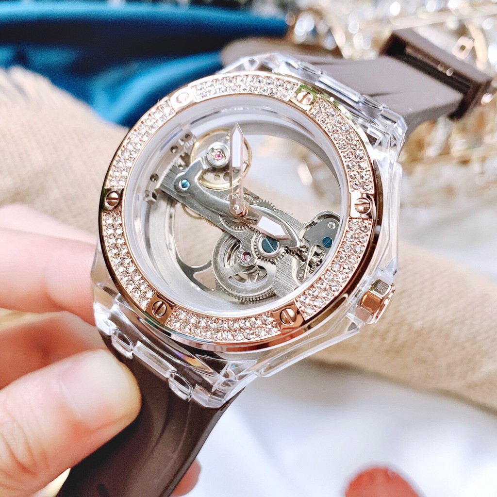 Đồng Hồ Davena Nam Automatic D31592 Mặt Lộ Máy Trong Suốt Dây Silicon Nâu 42mm Rose Gold Chính Hãng