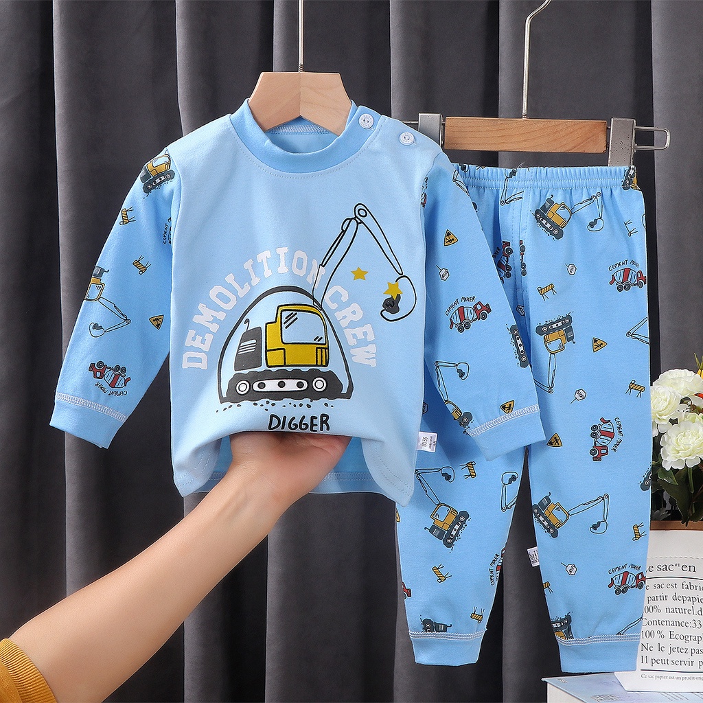 Bộ Đồ Ngủ Tay Dài 100% Cotton Thoáng Khí In Họa Tiết Hoạt Hình Dễ Thương Cho Bé Trai Và Gái
