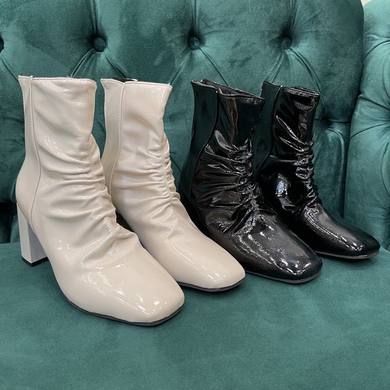 Bốt nữ/ boot nhăn da bóng Cổ Thấp 7Cm Hai Màu Đen Kem Cực Sang Chảnh Đế Vuông Mũi Vuông | BigBuy360 - bigbuy360.vn