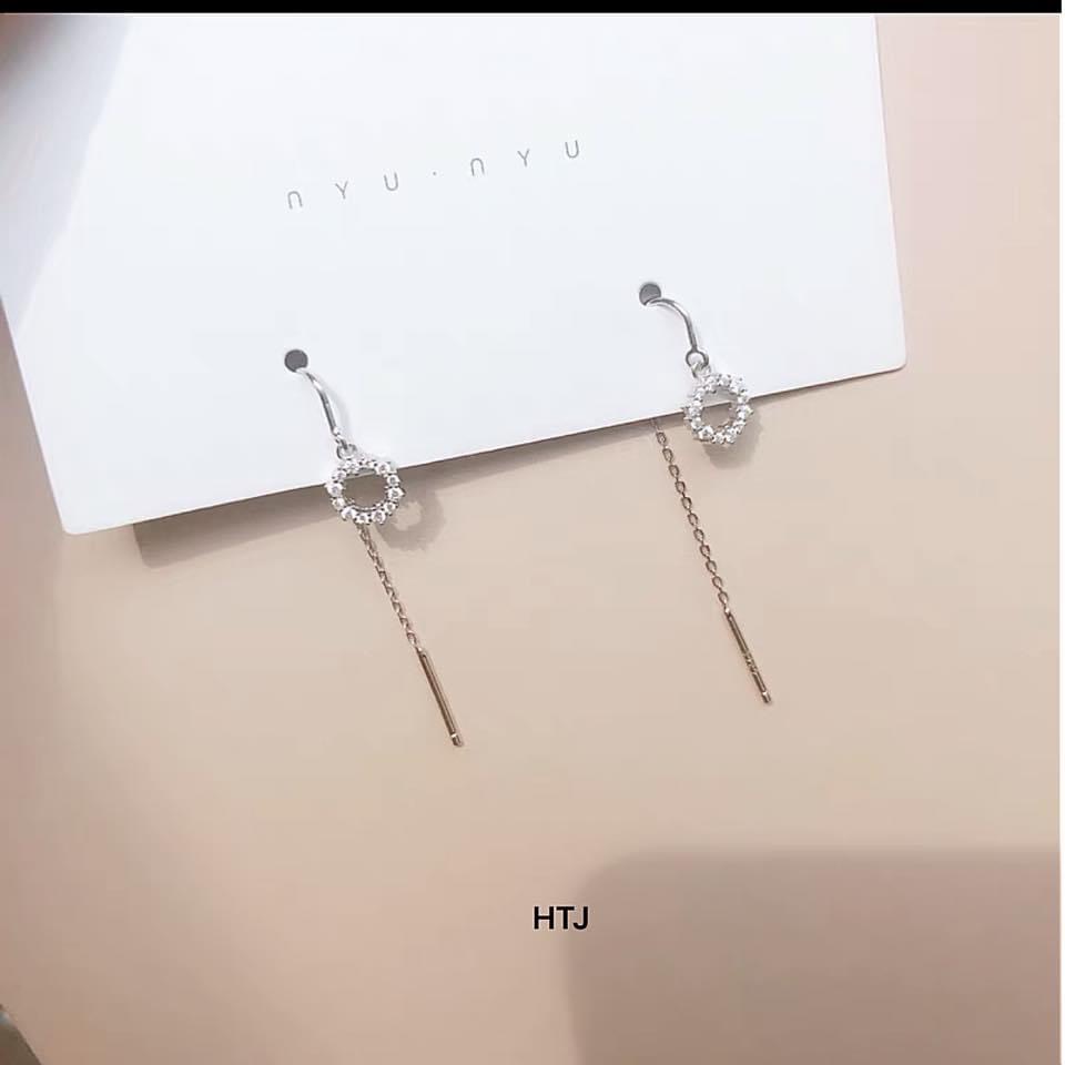 Bông tai nữ bạc thật mặt tròn đính đá dáng dài cực đẹp - Kho sỉ bạc Nhất Linh