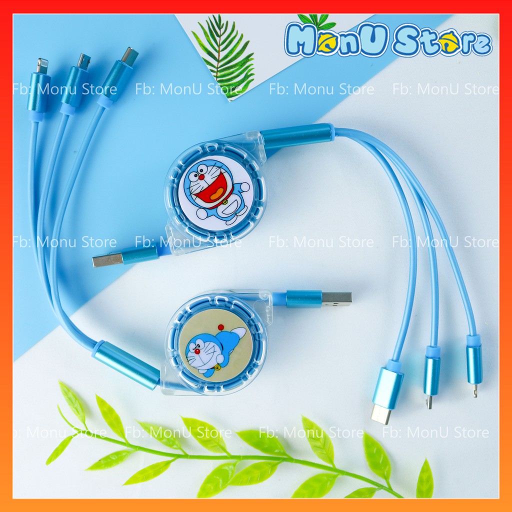 Cáp sạc dây rút 3 đầu Lightning, Type C, Micro USB in hình DORAEMON dễ thương cute