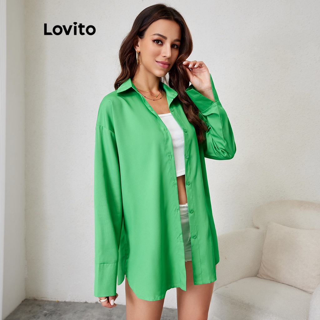 Lovito Áo khoác trơn dài tay trơn không đối xứng L24LD040 (Xanh lá cây)