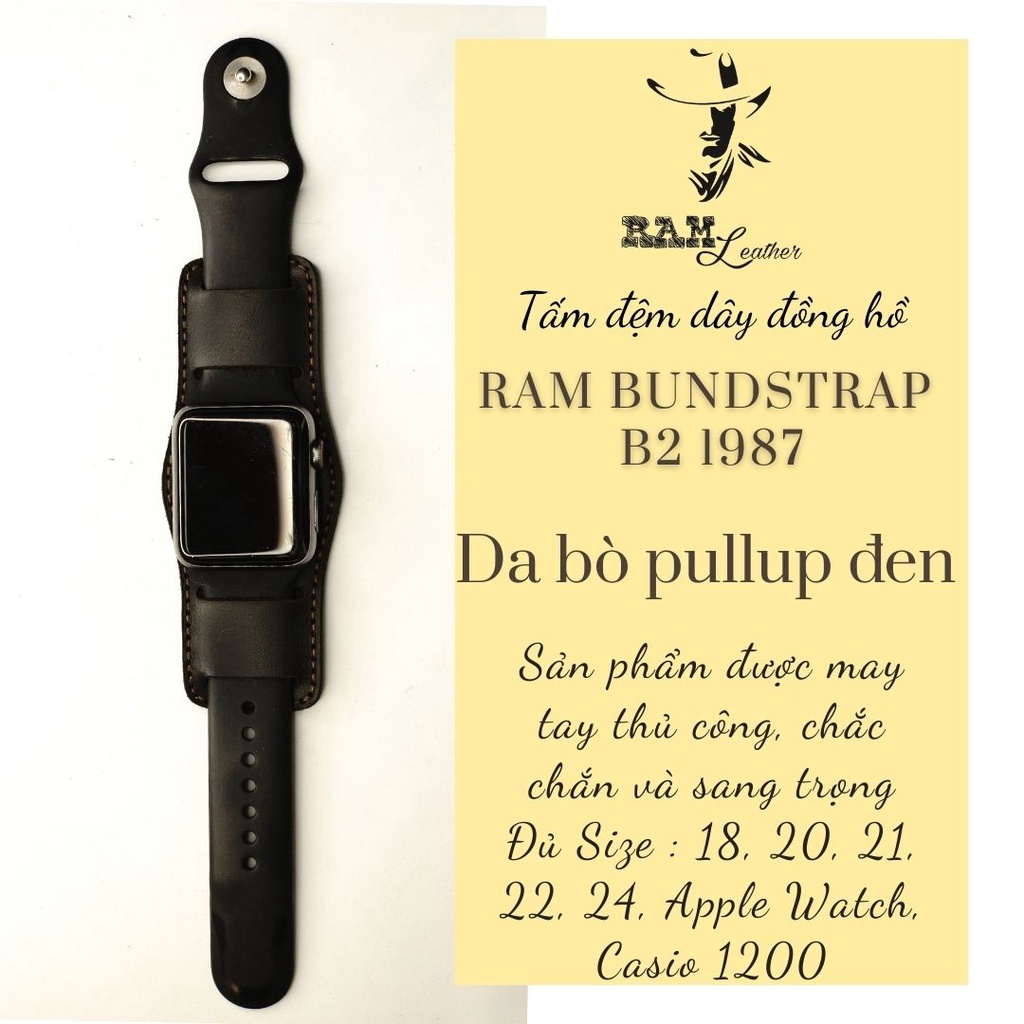 Tấm đệm B2 Dây đồng hồ RAM Leather vintage da bò đen kiểu quân đội Đức chống mồ hôi RAM Leather