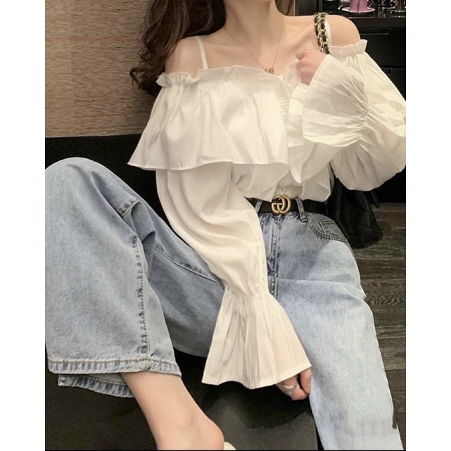 Áo trắng bèo rớt vai tay dài