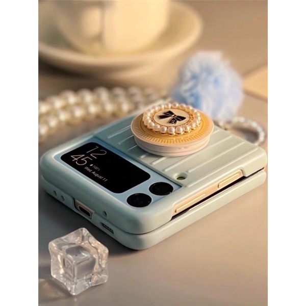 Ốp Samsung Z Flip 3 / ZFlip3 / Z Flip3 màu xanh popsocket nơ kèm ring và dây móc bông