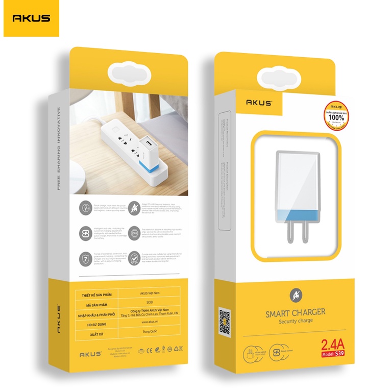 CỦ SẠC AKUS 2.4A - S39 Hàng chính hãng - Bảo hành 12 tháng - Akus