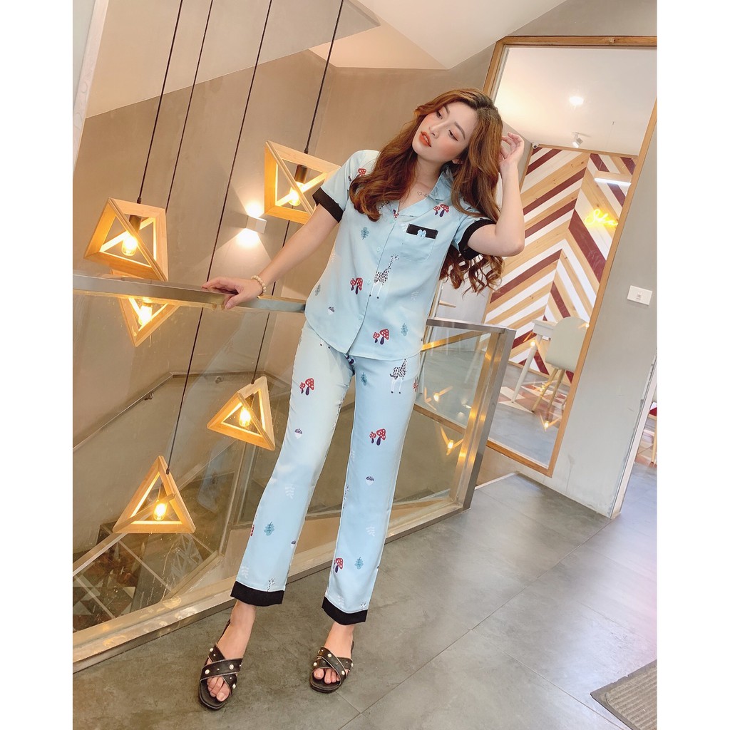 Bộ đồ ngủ, mặc nhà chất Lụa Giấy Luxury ngắn tay quần dài NẤM XANH 10 ,forme pijama