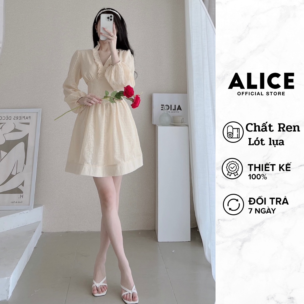 Váy Ren Tiểu Thư Cổ Bèo ALICE, Thiết Kế Chiết Eo Dáng Xòe Phối Tay Bồng Sang Chảnh V758 | BigBuy360 - bigbuy360.vn