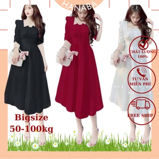 Đầm dự tiệc ,váy nữ bigsize dáng dài cổ vuông tay phồng thiết kế sang chảnh 50-100kg màu đỏ trắng đen hanaba DCV1