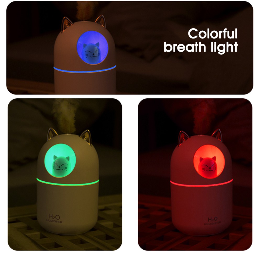 [Free Ship]Mini USB Humidifier Cute Cat with Colorful Lights 300ml Water Tank 4-8H Quiet Operation for HomeTắt tiếng