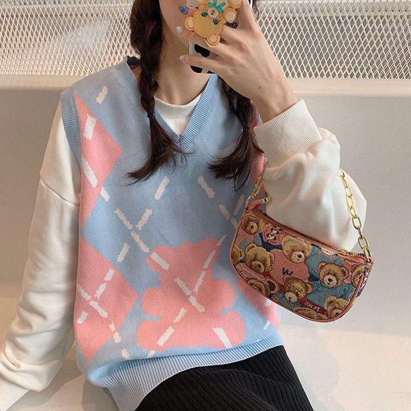 Áo Gile Len Nữ Ulzzang Hàn Quốc, Gile Len Quảng Châu Họa Tiết Gấu Phối Màu Hồng Xanh Gấu