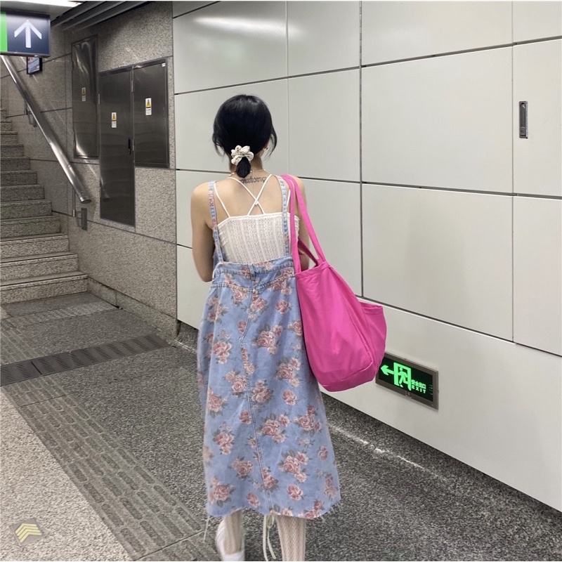 Yếm jeans bò hoạ tiết hoa dáng dài HOT TREND