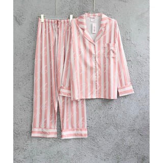 bộ pijama lụa mềm victoria sọc hồng nhạt