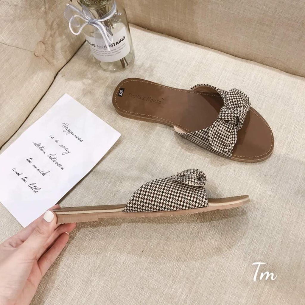 Dép lê nữ nơ karo Vitage chất liệu lụa mềm êm chân