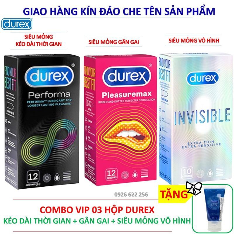 Bộ 3 hộp bcs Durex Performa (12c), Durex Pleasuremax (12c), Durex Invisible (10c) + Tặng GEL BÔI TRƠN DUREX PLAY 50g