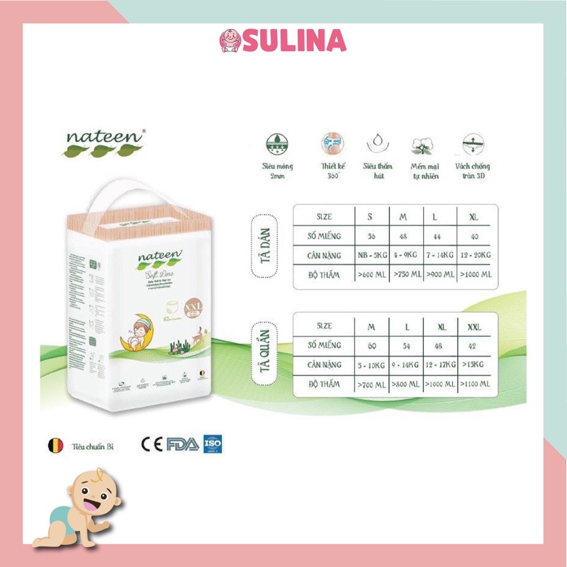 BỈM HỮU CƠ DÁN/QUẦN NATEEN - BỈ S56/M48/L44/L54/XL48/XXL42 SULINA OFFICIAL B01