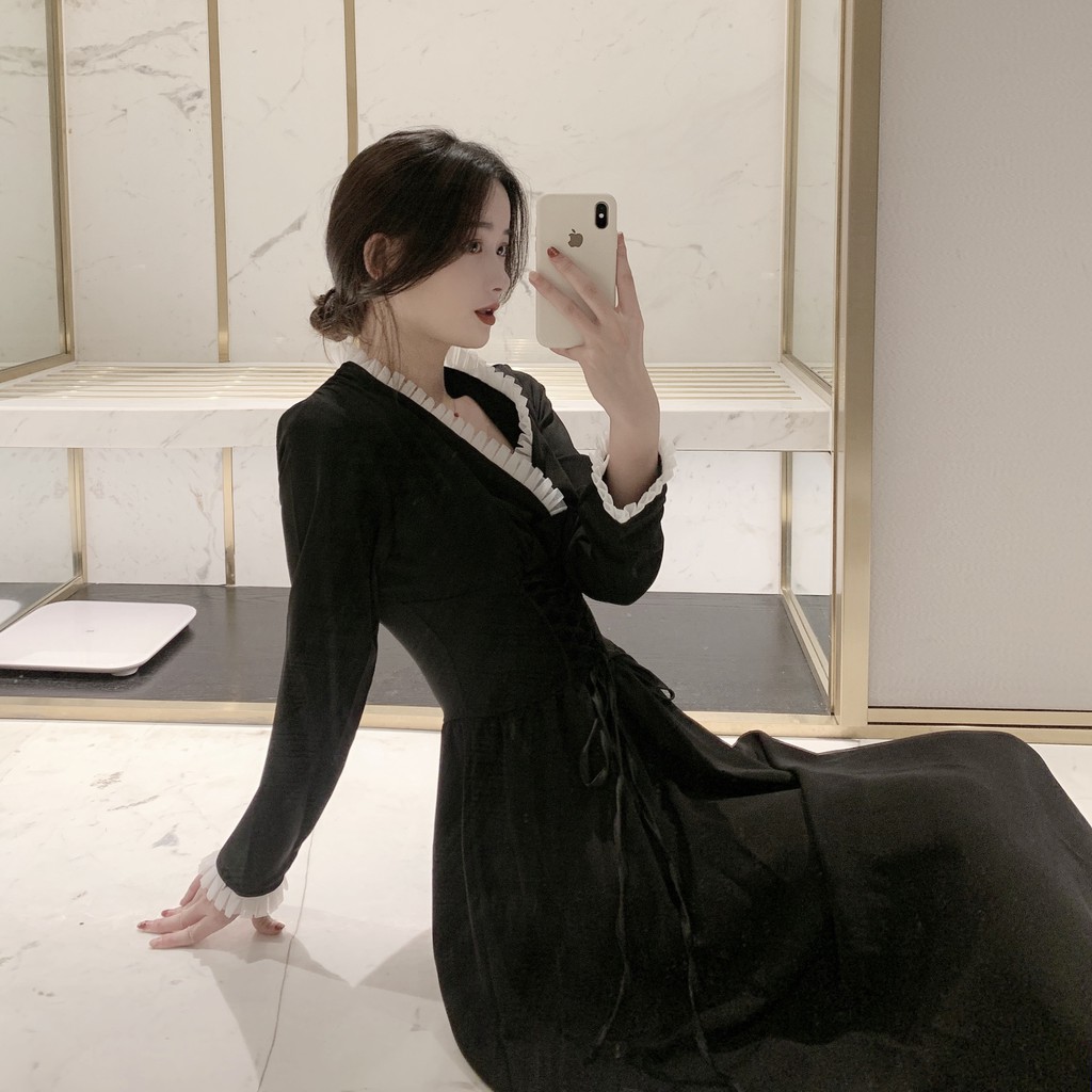 Đầm tiểu thư black basic cổ V thắt eo phối phong cách Pháp kèm ảnh thật ♥︎ | BigBuy360 - bigbuy360.vn