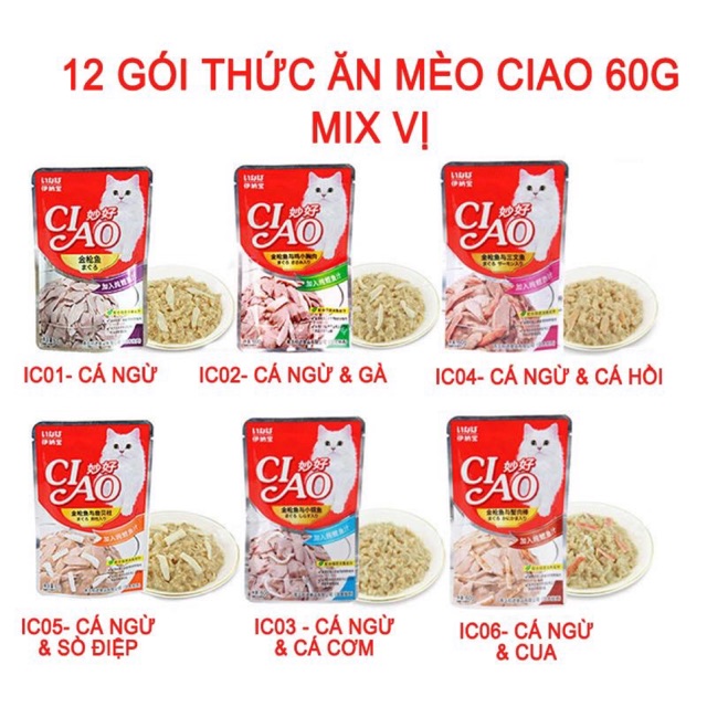 CIAO - 12 gói thức ăn pate Ciao mix vị cho mèo (gói 60g)