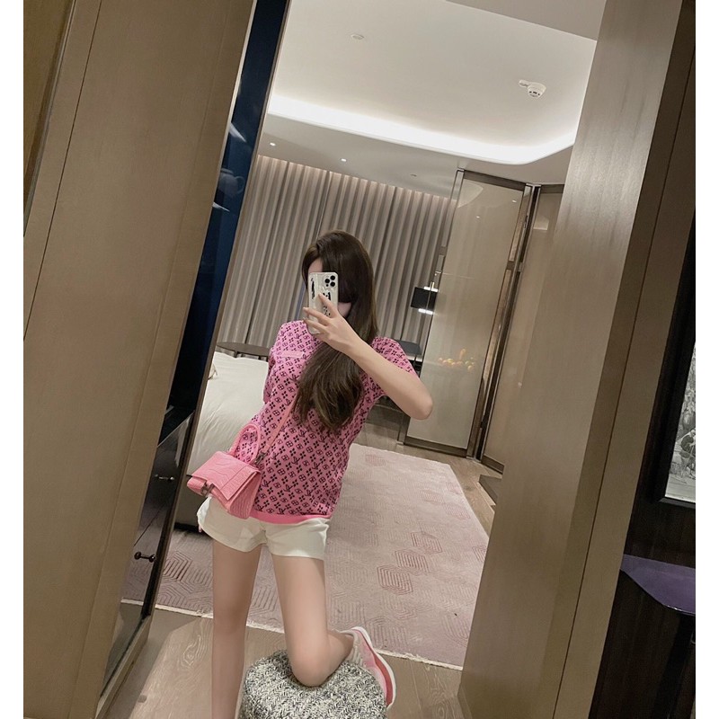 Áo phông len nữ ngắn tay toàn thân in hoạ tiết louis vuitton LV