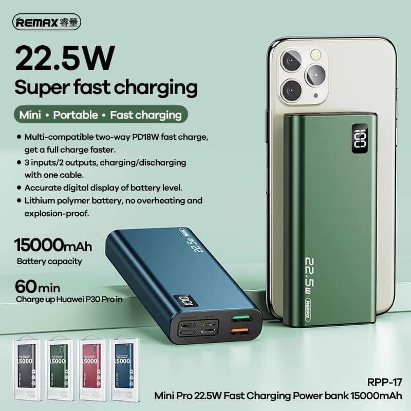 Pin dự phòng Remax RPP-17 dung lượng 15.000mAh hỗ trợ 3 cổng vào lightning micro và type-C