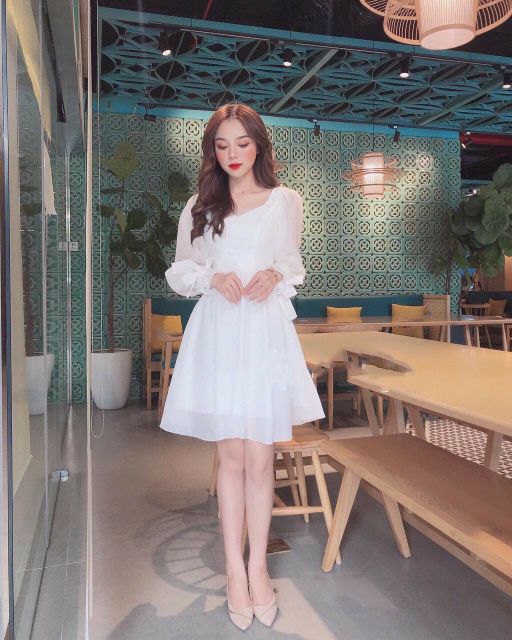 Váy trắng dự tiệc tay nơ đính ngọc vai kèm ảnh thật SẴN Size XS, S, M, L