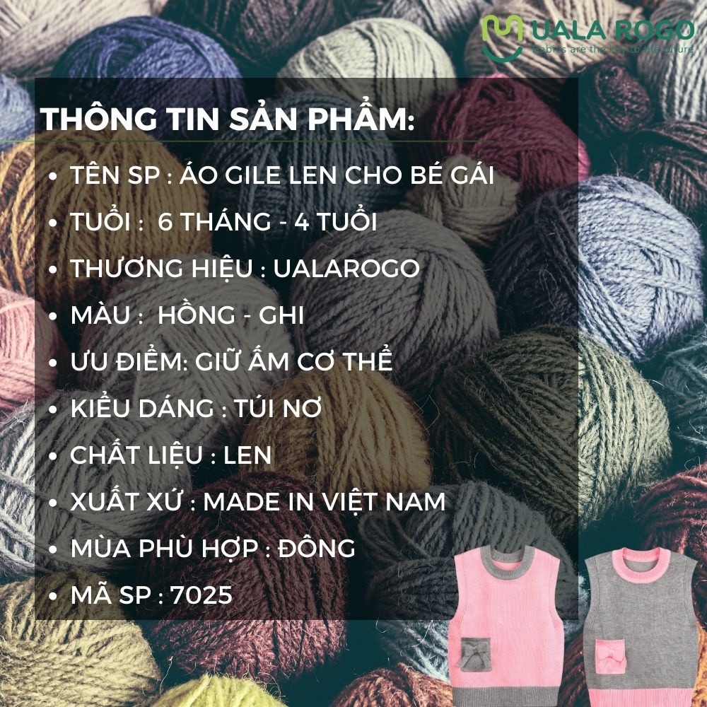 Áo gile len cho bé gái Uala rogo 6 tháng - 4 tuổi cổ tròn dễ phối đồ dày dặn giữ ấm túi nơ 7025