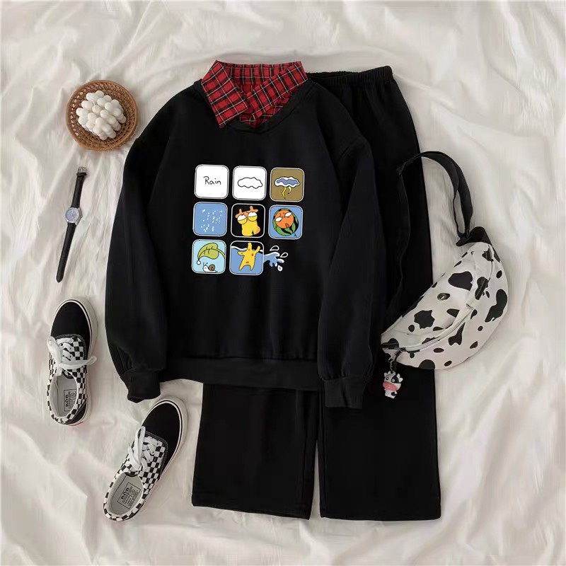 Sét bộ áo nỉ rain + quần suông trơn, Áo nỉ Unisex from rộng, thiết kế phong cách, Sét bộ mặc ở nhà - MODY