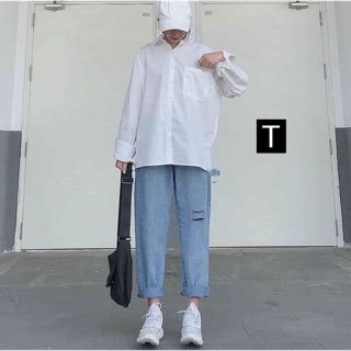 Sét quần baggy rách+ áo sơ mi