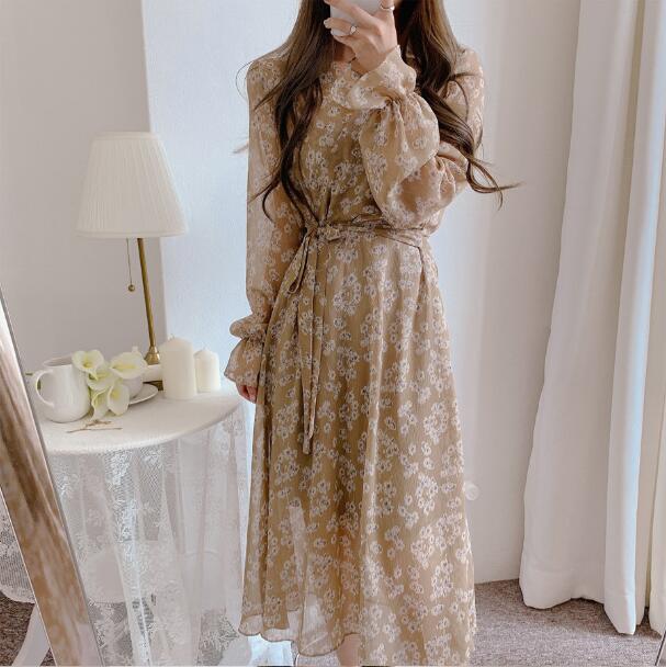 Đầm voan hoa SUXI tay dài cổ chữ v phong cách hàn quốc cho nữ