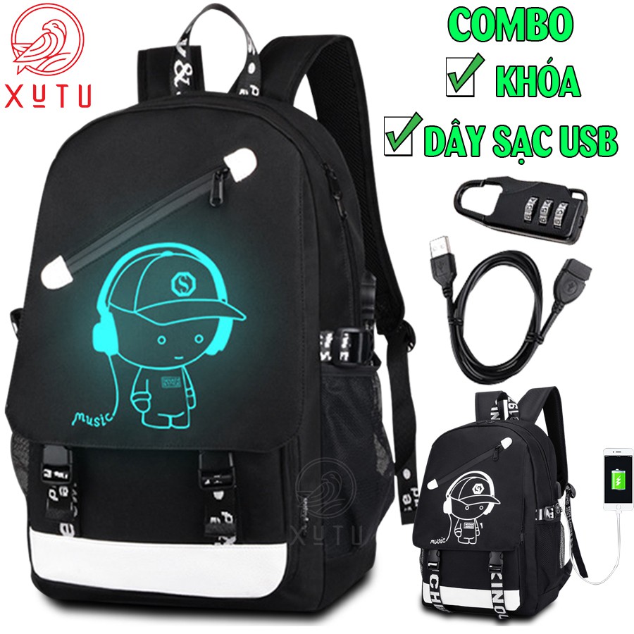Balo đi học phát sáng Xutustore hình Boy Music độc đáo + Tặng cáp sạc USB xịn + Khóa số chống trộm thông minh