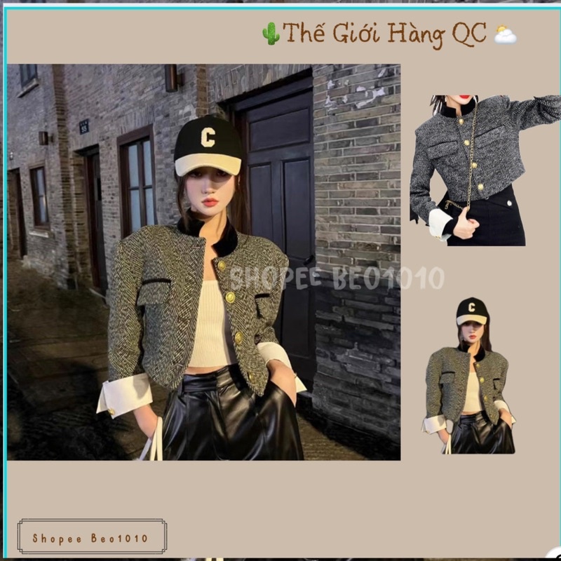 Áo Dạ Kẻ Cổ Đứng Phối Tay Trắng hàng Quảng Châu