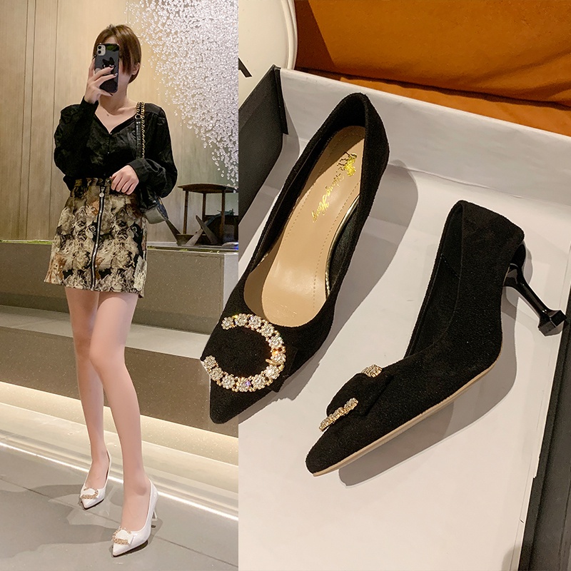 Giày cao gót da lộn mũi nhọn phong cách phương tây cho nữ