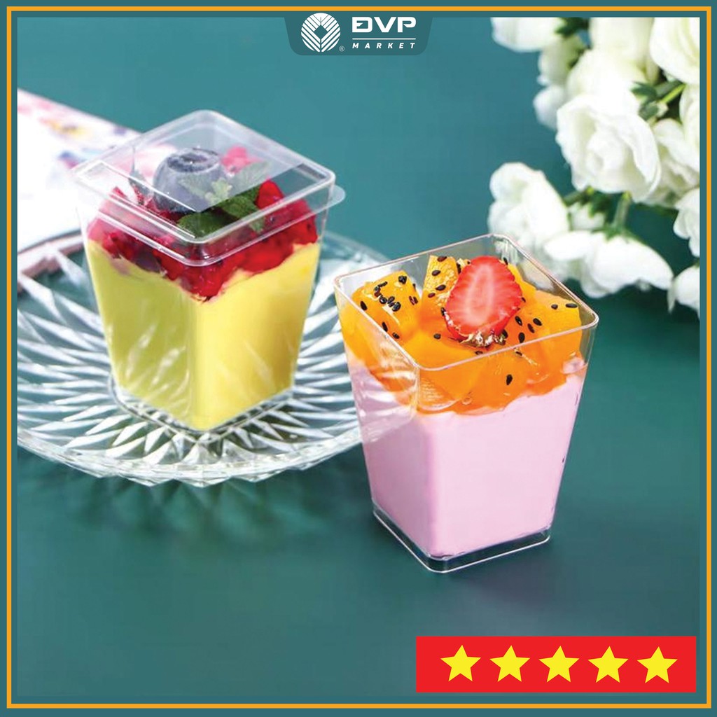 Ly nhựa bánh mousse hình vuông 5,7 x 7,5cm BN24 (25 cái kèm nắp)