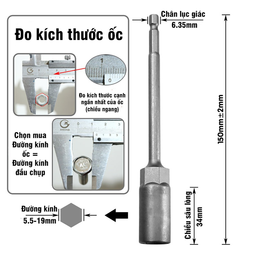 Khẩu Chụp Bulong Sâu Lòng Dài 150mm Bắn Vít Chân Lục Giác Các Kích Cỡ | Mezoha