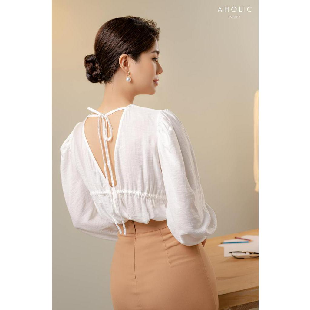Áo kiểu sơ mi chất thô đũi rút nơ 3 màu Aholic A2874