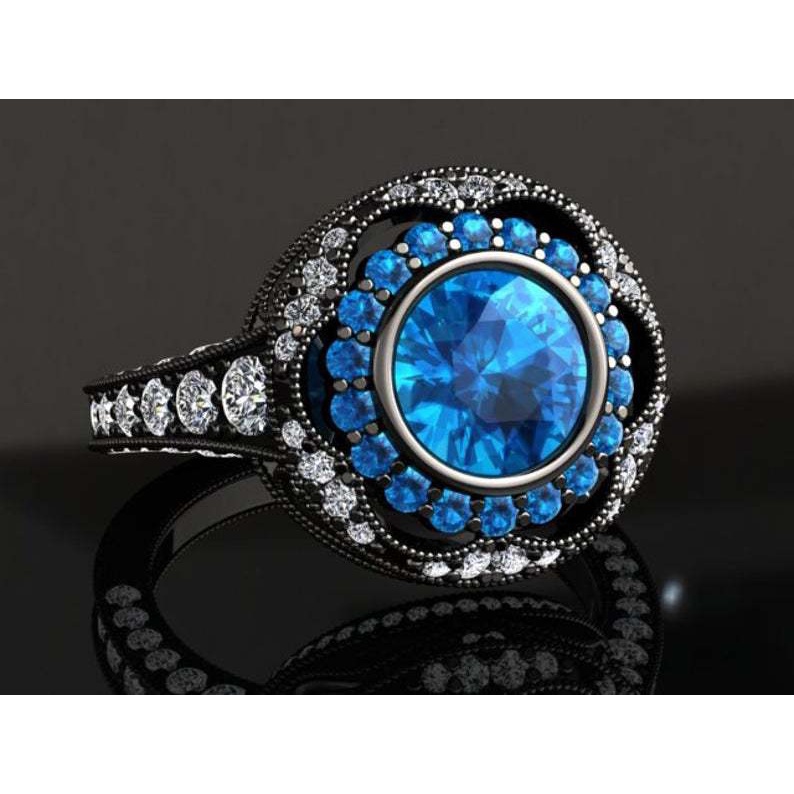 Nhẫn đính hôn hình hoa màu đen đính đá pha lê phong cách vintage cho nam và nữ