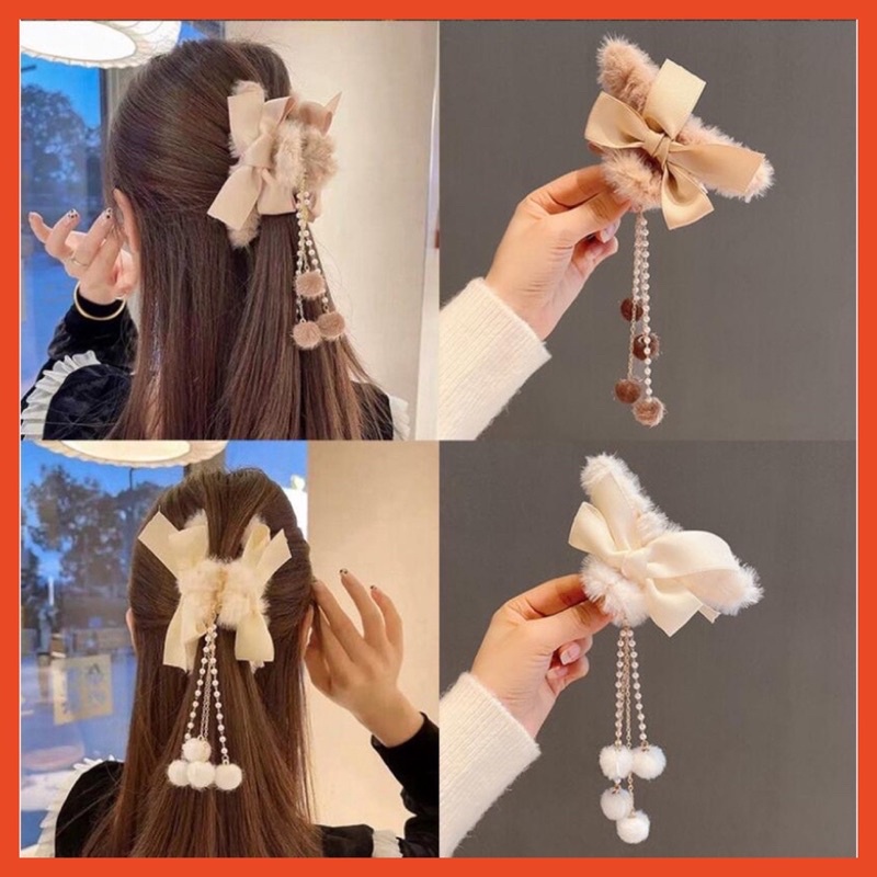 Kẹp tóc phối lông tua rua phong cách hàn quốc