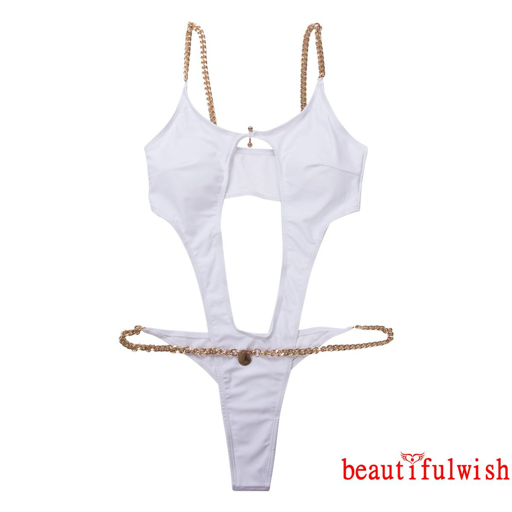 Bộ Đồ Bơi Bikini Liền Thân Cổ Chữ V Khoét Sâu Màu Trơn Phối Dây Xích Kim Loại Thời Trang Mùa Hè Cho Nữ