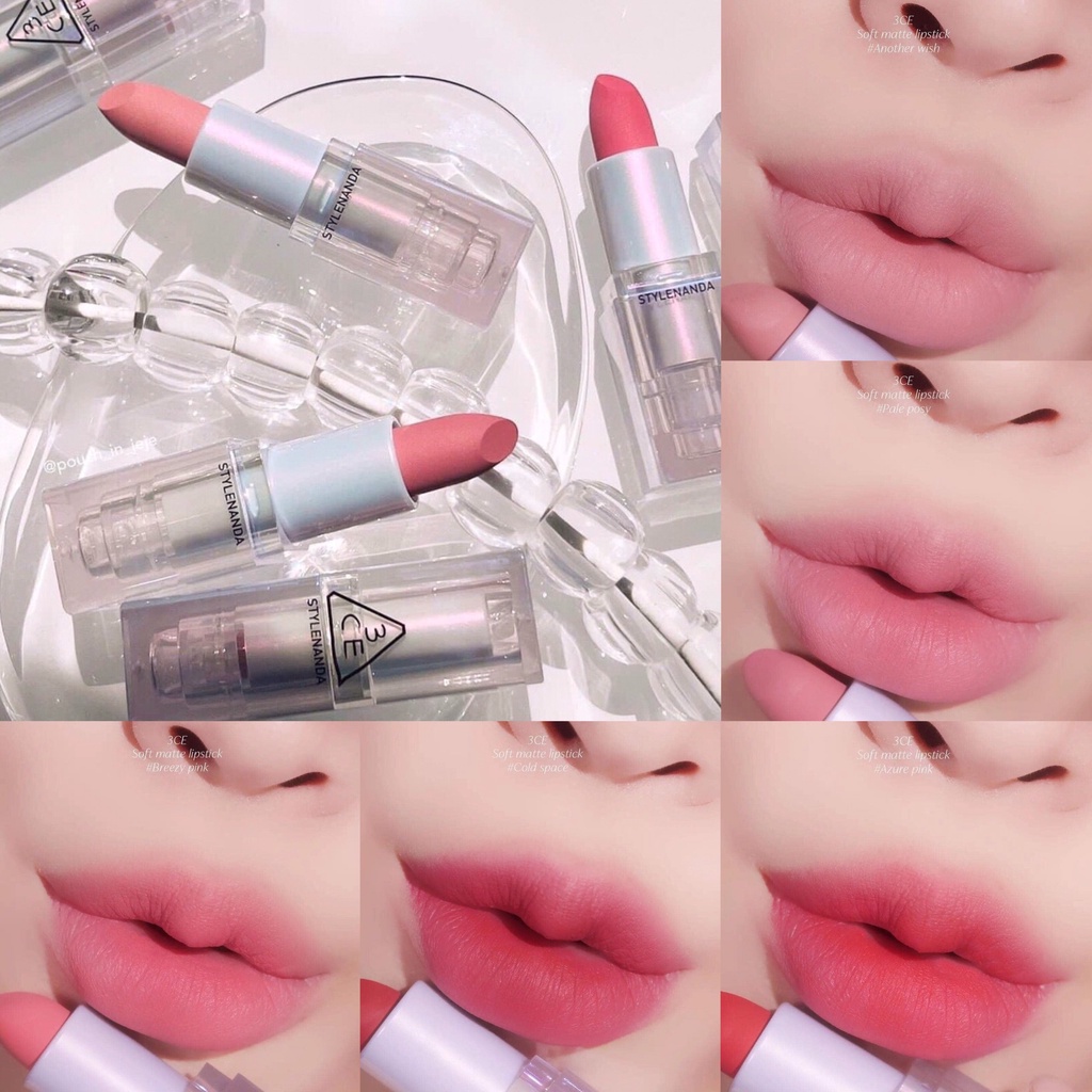 Son Thỏi 3CE Vỏ xanh  Summer Radiance Matte Lip Stick AZURE PINK -  COLD SPACE - BREEZY PINK - PALE POSY - ANOTHER WISH