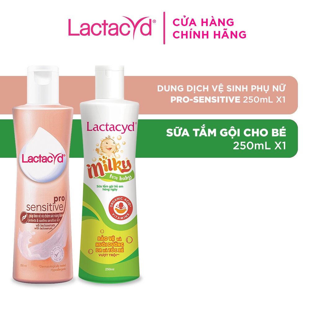 Bộ Dung Dịch Vệ Sinh Phụ Nữ Lactacyd Pro Sensitive Cho Da Nhạy Cảm 250ml + Sữa tắm gội trẻ em Lactacyd Milky 250ml