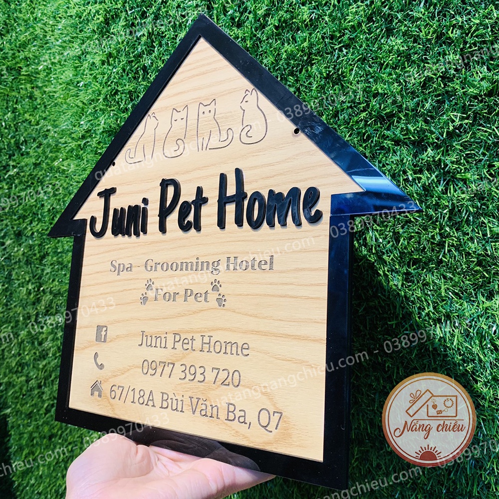 Biển gỗ decor cửa hàng thú cưng phong cách vintage - Khắc laser hiện đại - Size 27x27cm - Khung ngôi nhà