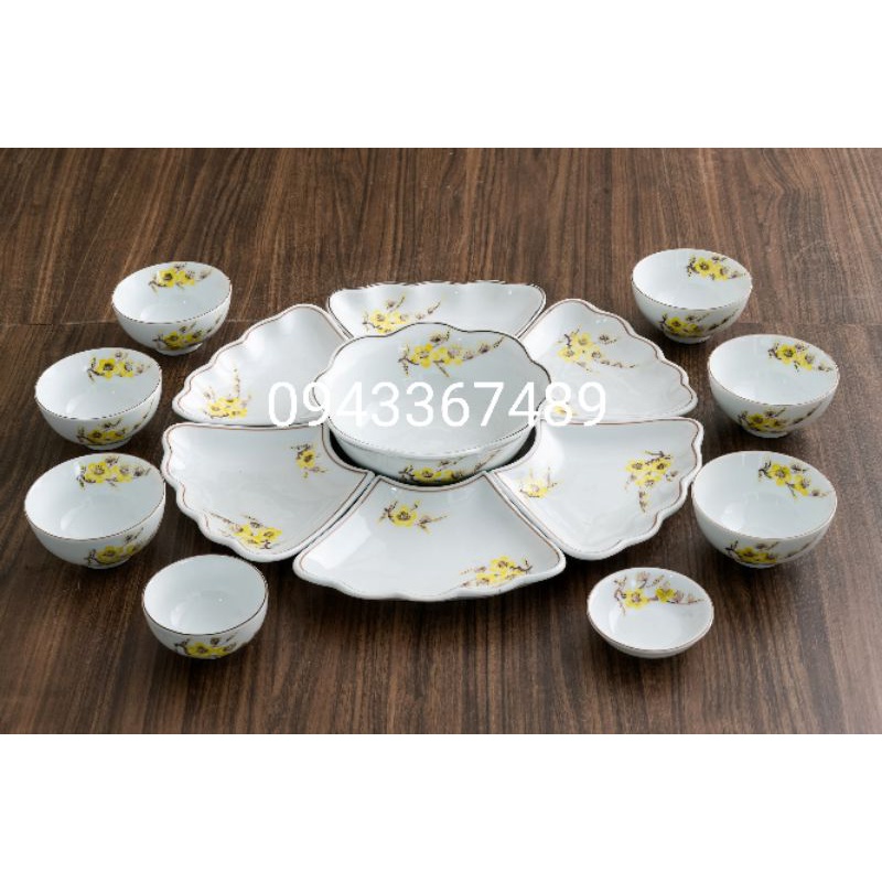 Bộ bát đĩa hoa mặt trời vẽ mai vàng, ĐK48cm.Cỡ vừa. Hàng sứ Bát Tràng