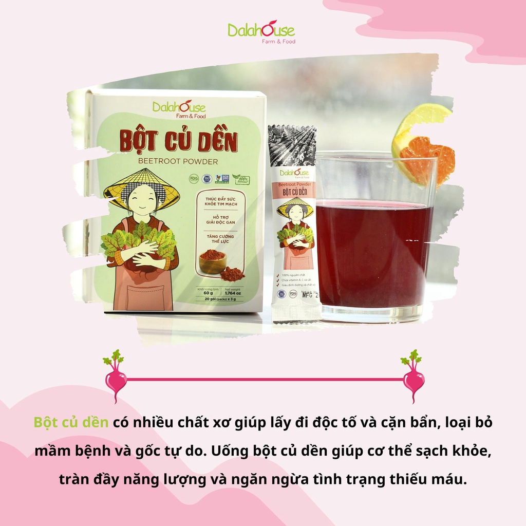 Hộp 60g (20 gói 3g tiện dụng) Bột củ dền nguyên chất Dalahouse bổ máu - Hsd: 4/2023 - Shanti