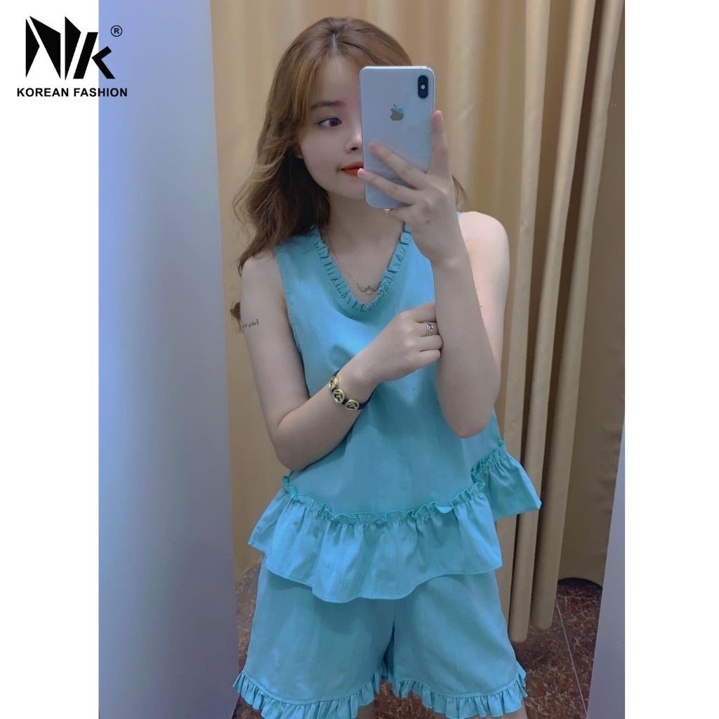 Bộ đồ mặc nhà nữ mùa hè đẹp thoáng mát chất liệu cao cấp nhập Hàn NK FASHION Dáng Đùi Áo Nhún Bèo, NKFBD2105035