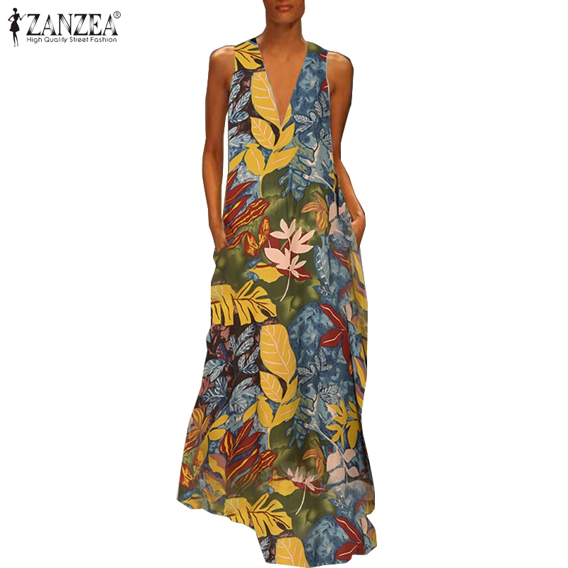 ZANZEA Đầm Maxi Nữ Không Tay Cổ Chữ V In Hoa Thời Trang | BigBuy360 - bigbuy360.vn