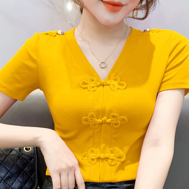 Áo Thun Ngắn Tay Cài Nút Họa Tiết Dân Tộc Phong Cách Retro Thời Trang Mùa Xuân Mới 2022 Cho Nữ
